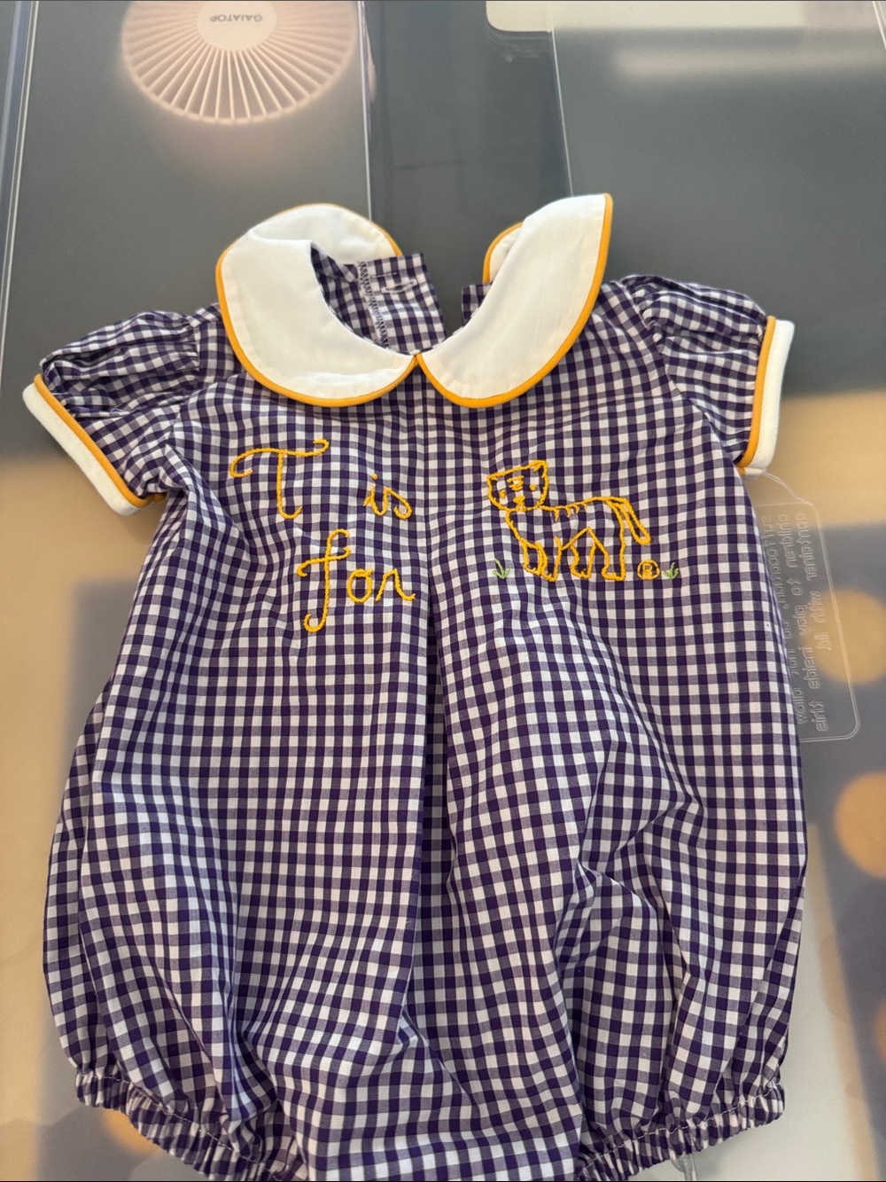 LSU Purple Gingham Infant Romper with Yellow Trim